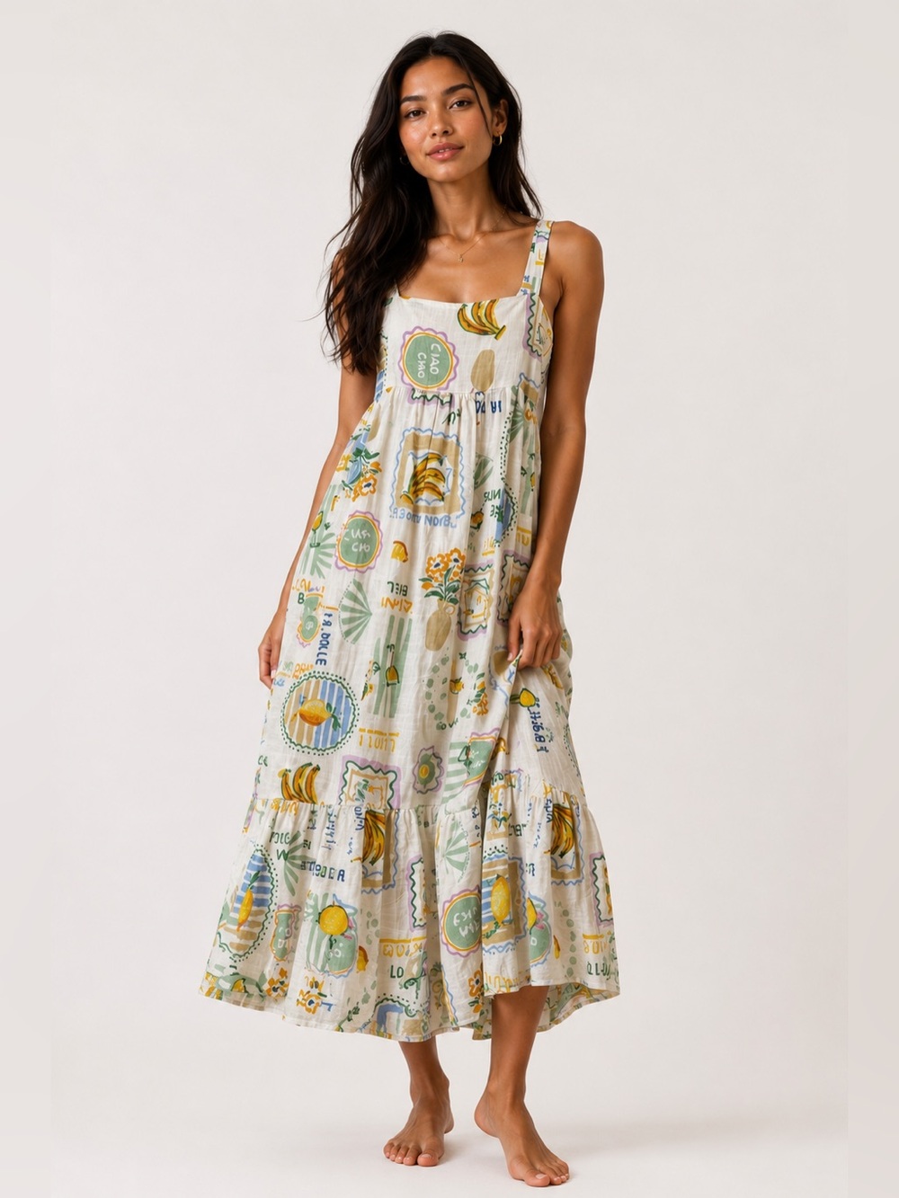 Paper Heart Italy Lemon Mediterranean Linen Blend Maxi Dress Small NWOT